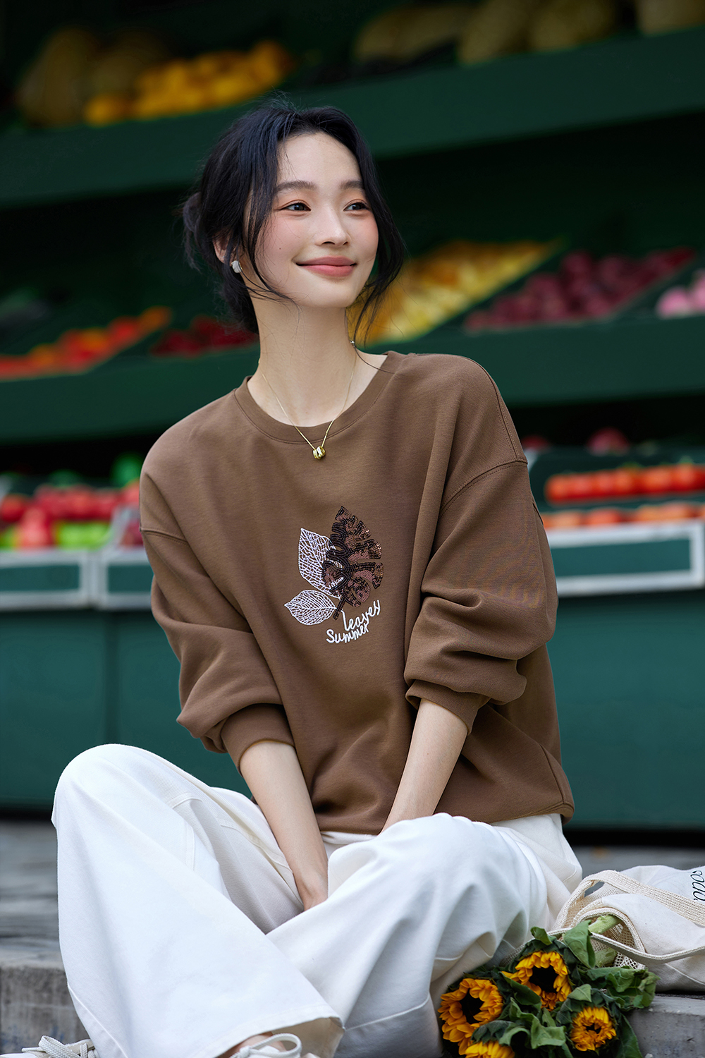 Elegant Slimming Embroidered Sequin Round Neck Long Sleeve Sweatshirt-VIMLYSTORE