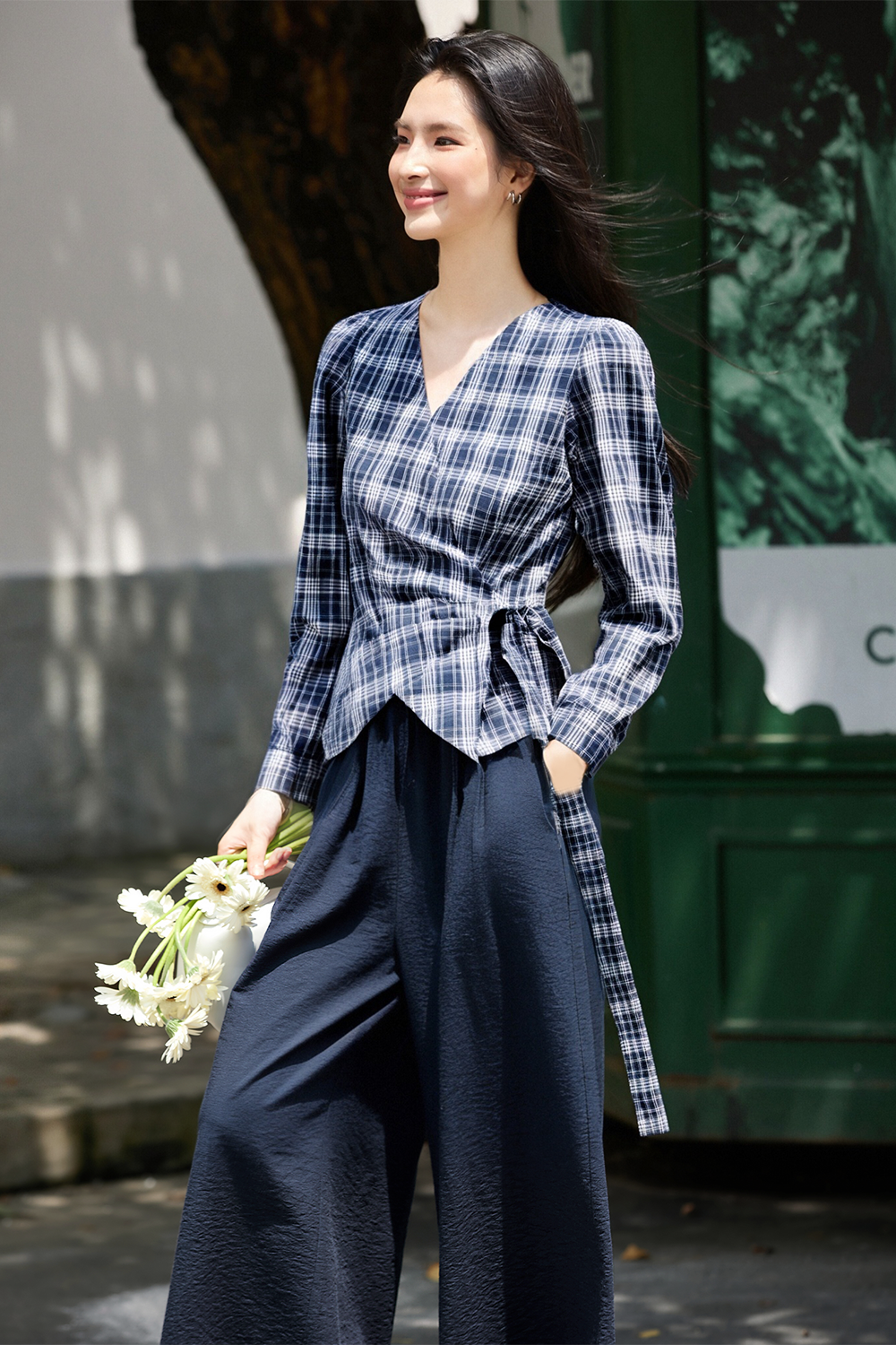 Blue plaid shirt and wide-leg pants-VIMLYSTORE