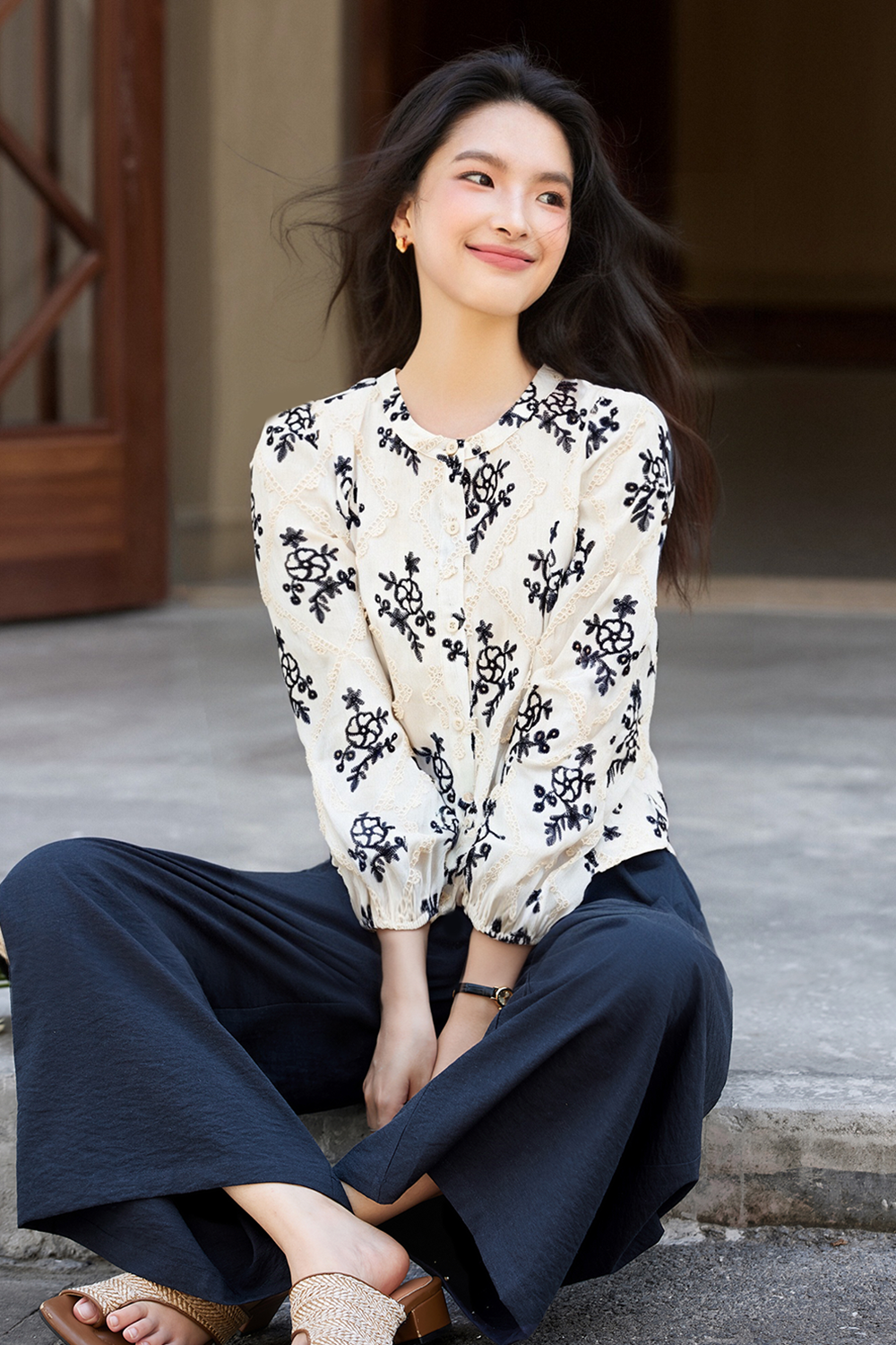 Linen Notch-Neck Top & Wide-Leg Pants Set-VIMLYSTORE