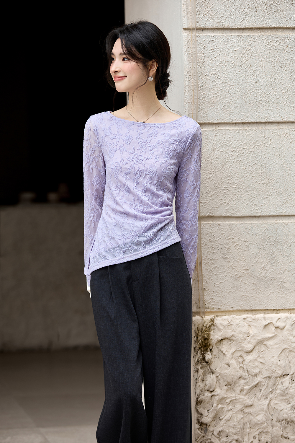 Lace-Trimmed Boatneck Top with Smocked Waist-VIMLYSTORE