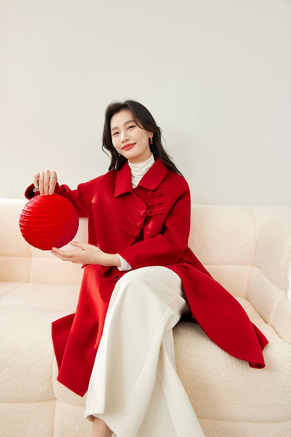 New Chinese Style Red Double-Faced Wool Coat