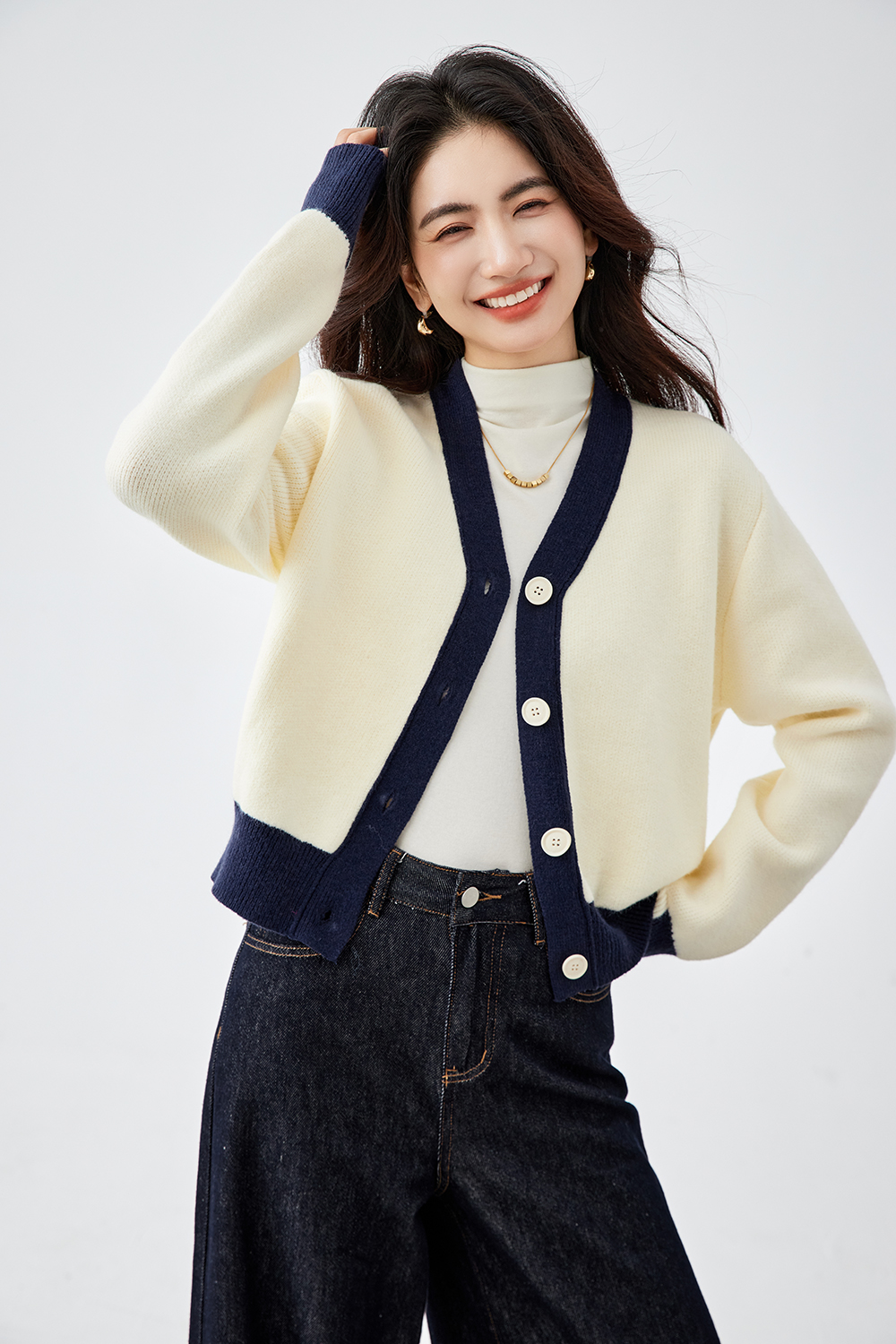 Apricot Lazy-Style Color-Block V-Neck Sweater Jacket