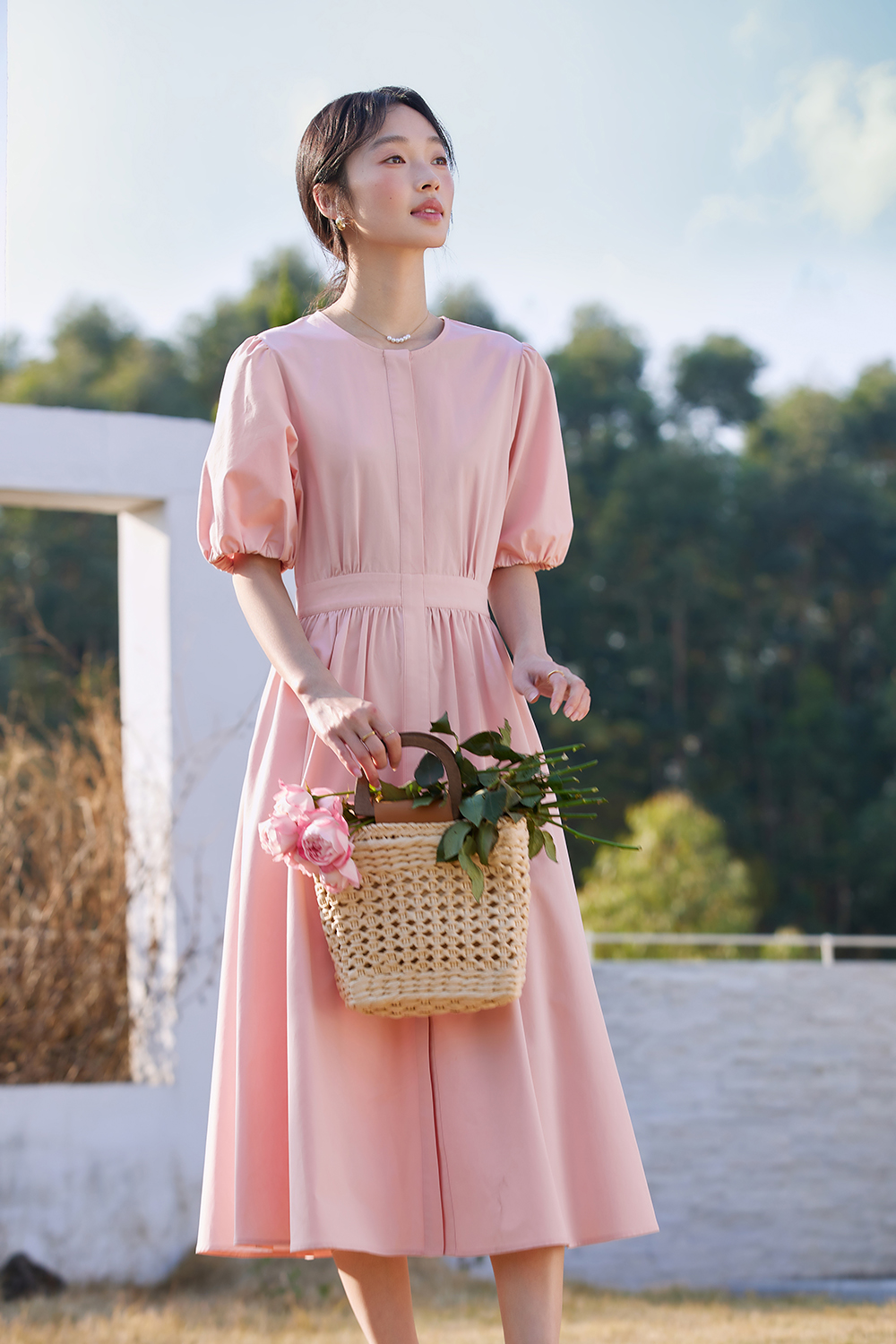 French-Elegance Slimming Puff-Sleeve Midi Dress-VIMLYSTORE