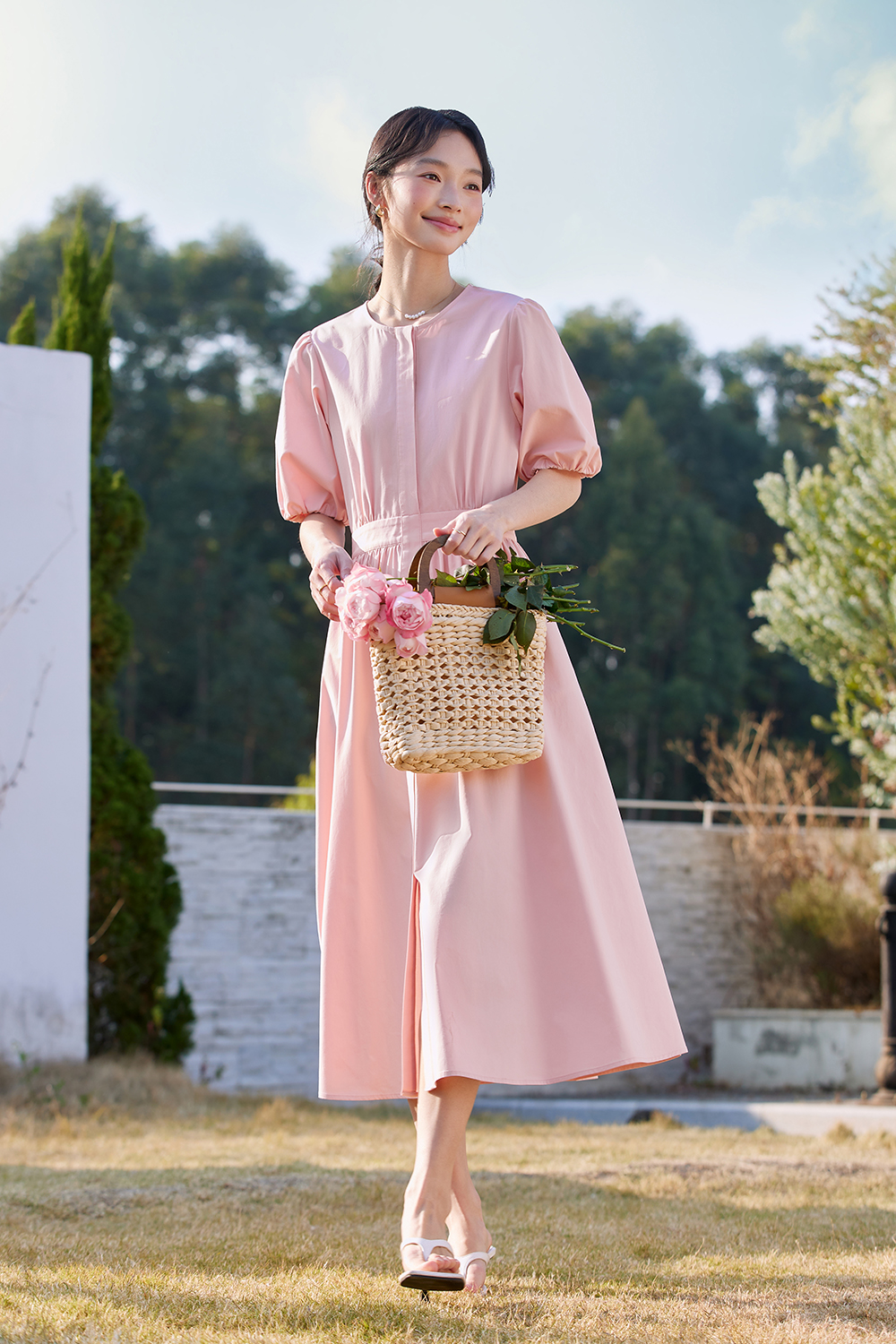 French-Elegance Slimming Puff-Sleeve Midi Dress-VIMLYSTORE