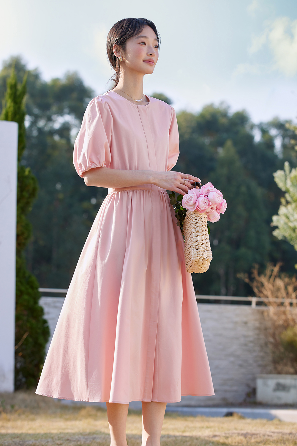 French-Elegance Slimming Puff-Sleeve Midi Dress-VIMLYSTORE