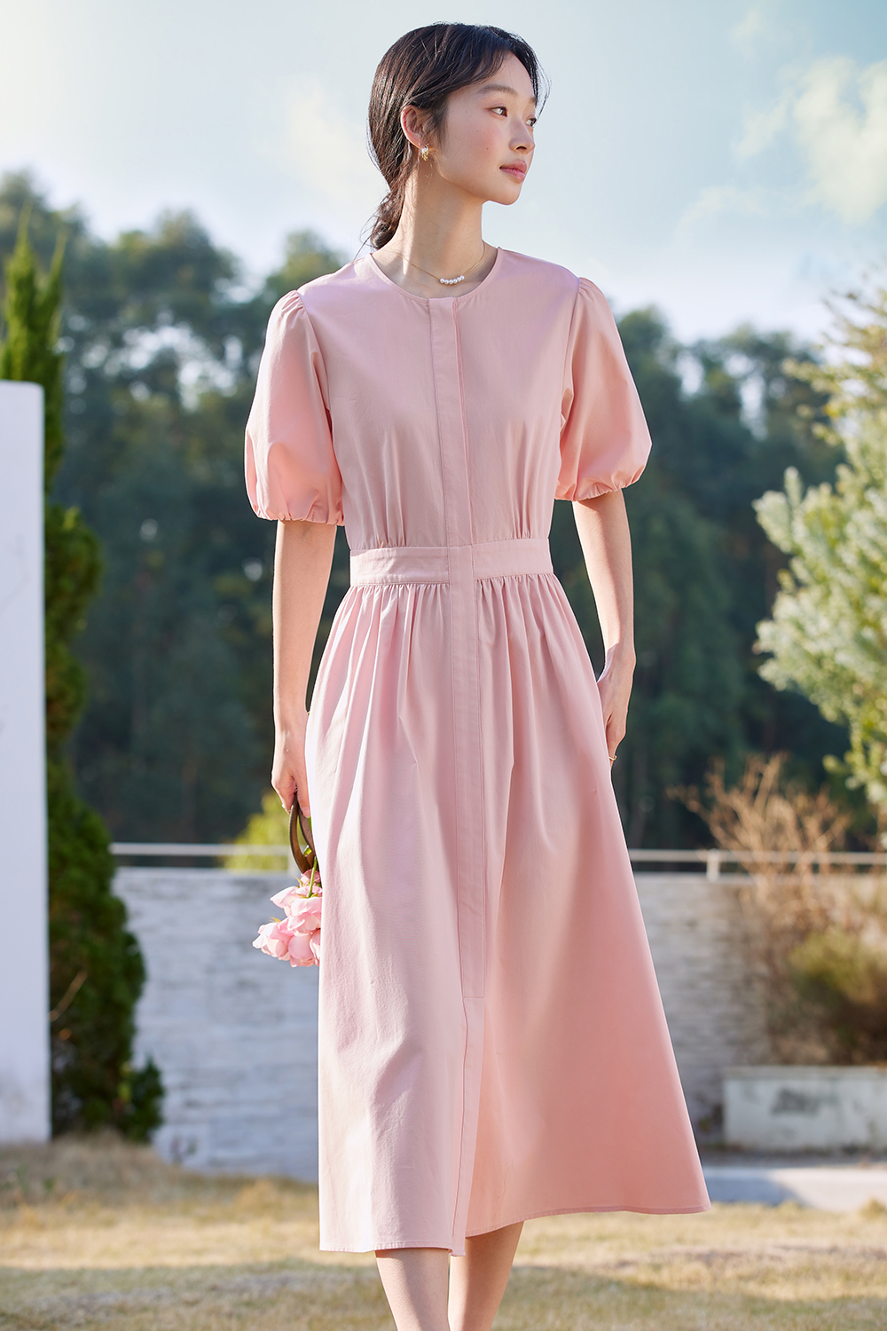 French-Elegance Slimming Puff-Sleeve Midi Dress-VIMLYSTORE