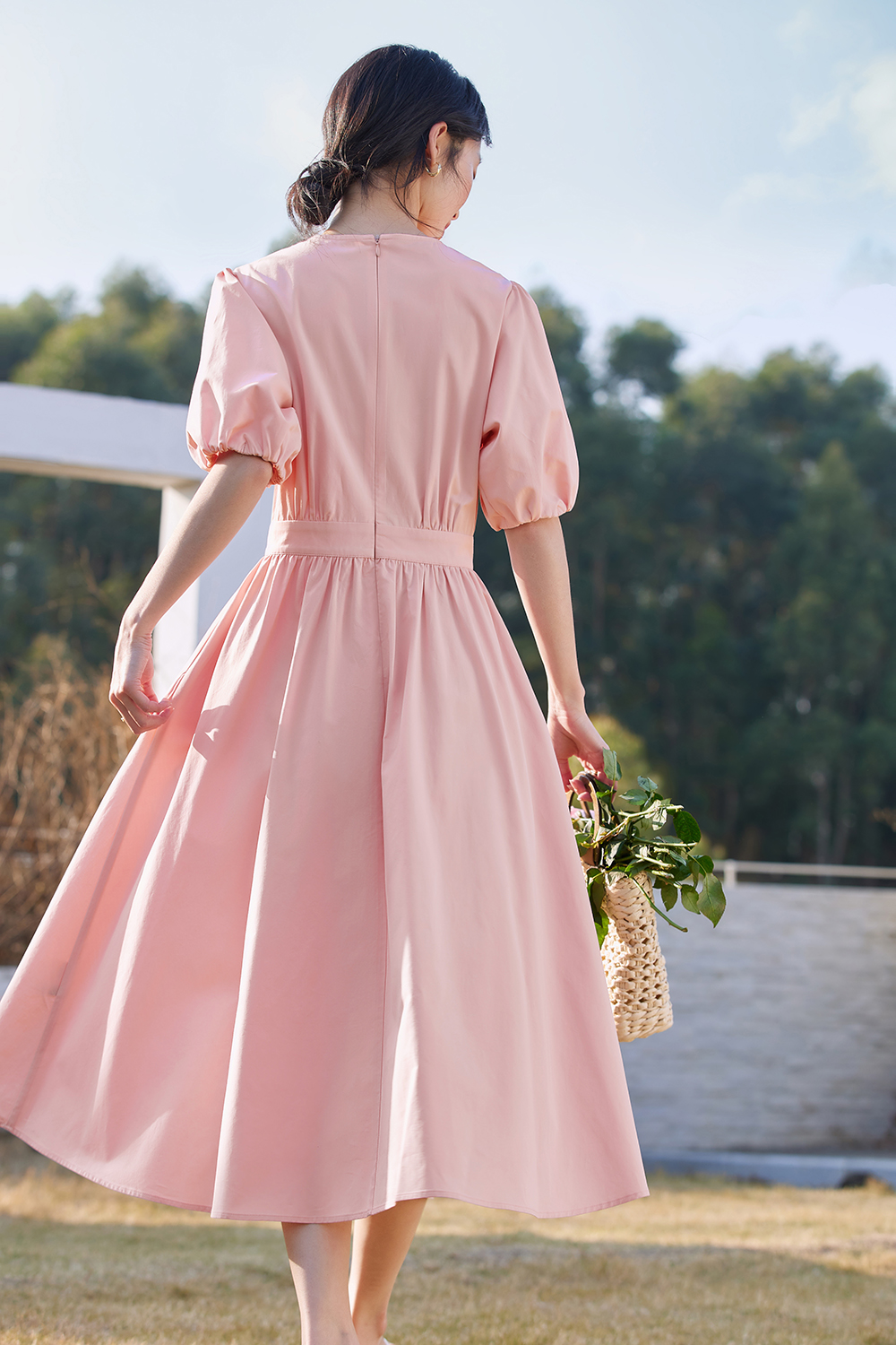 French-Elegance Slimming Puff-Sleeve Midi Dress-VIMLYSTORE