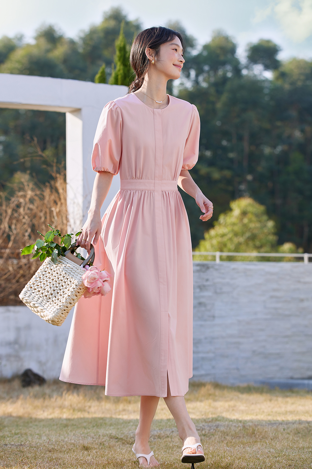 French-Elegance Slimming Puff-Sleeve Midi Dress-VIMLYSTORE