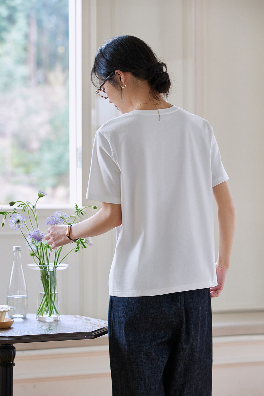 Cotton Round Neck Short-Sleeve Tee with Butterfly Cut-Out Embroidery-VIMLYSTORE