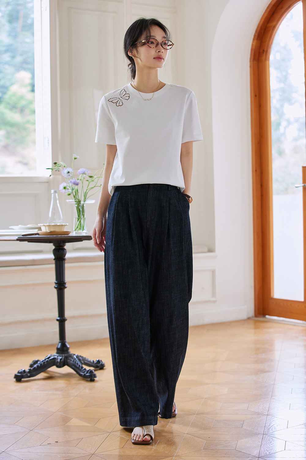 Cotton Round Neck Short-Sleeve Tee with Butterfly Cut-Out Embroidery-VIMLYSTORE