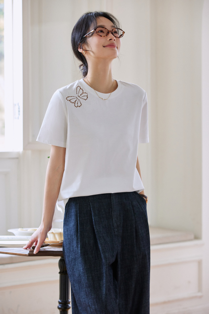 Cotton Round Neck Short-Sleeve Tee with Butterfly Cut-Out Embroidery-VIMLYSTORE