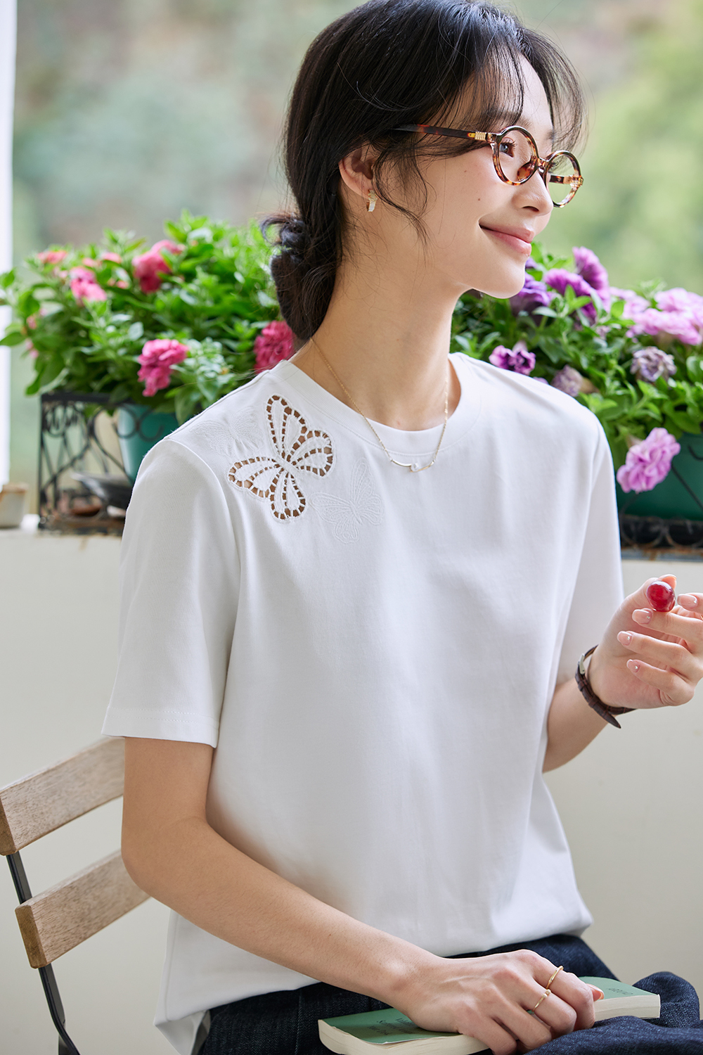 Cotton Round Neck Short-Sleeve Tee with Butterfly Cut-Out Embroidery-VIMLYSTORE