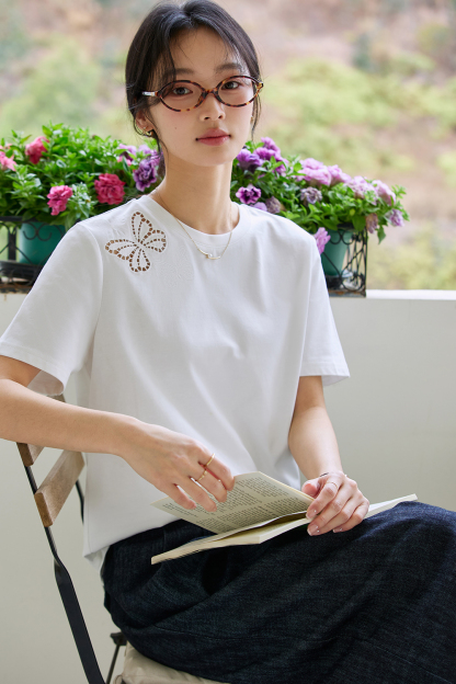 Cotton Round Neck Short-Sleeve Tee with Butterfly Cut-Out Embroidery-VIMLYSTORE