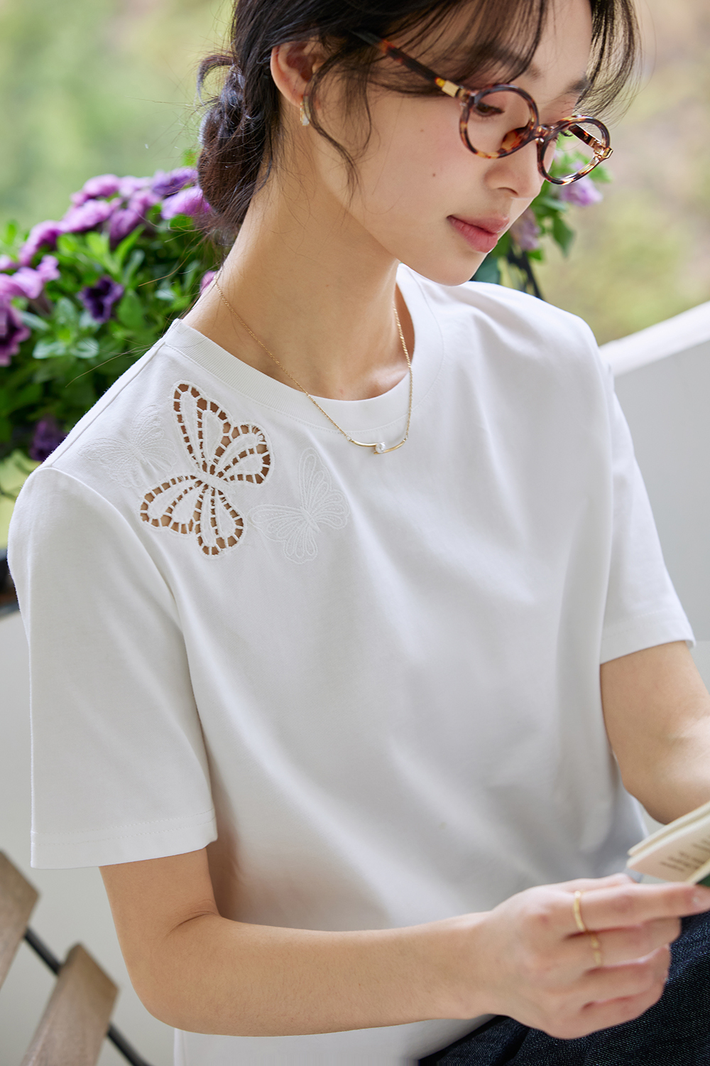 Cotton Round Neck Short-Sleeve Tee with Butterfly Cut-Out Embroidery-VIMLYSTORE