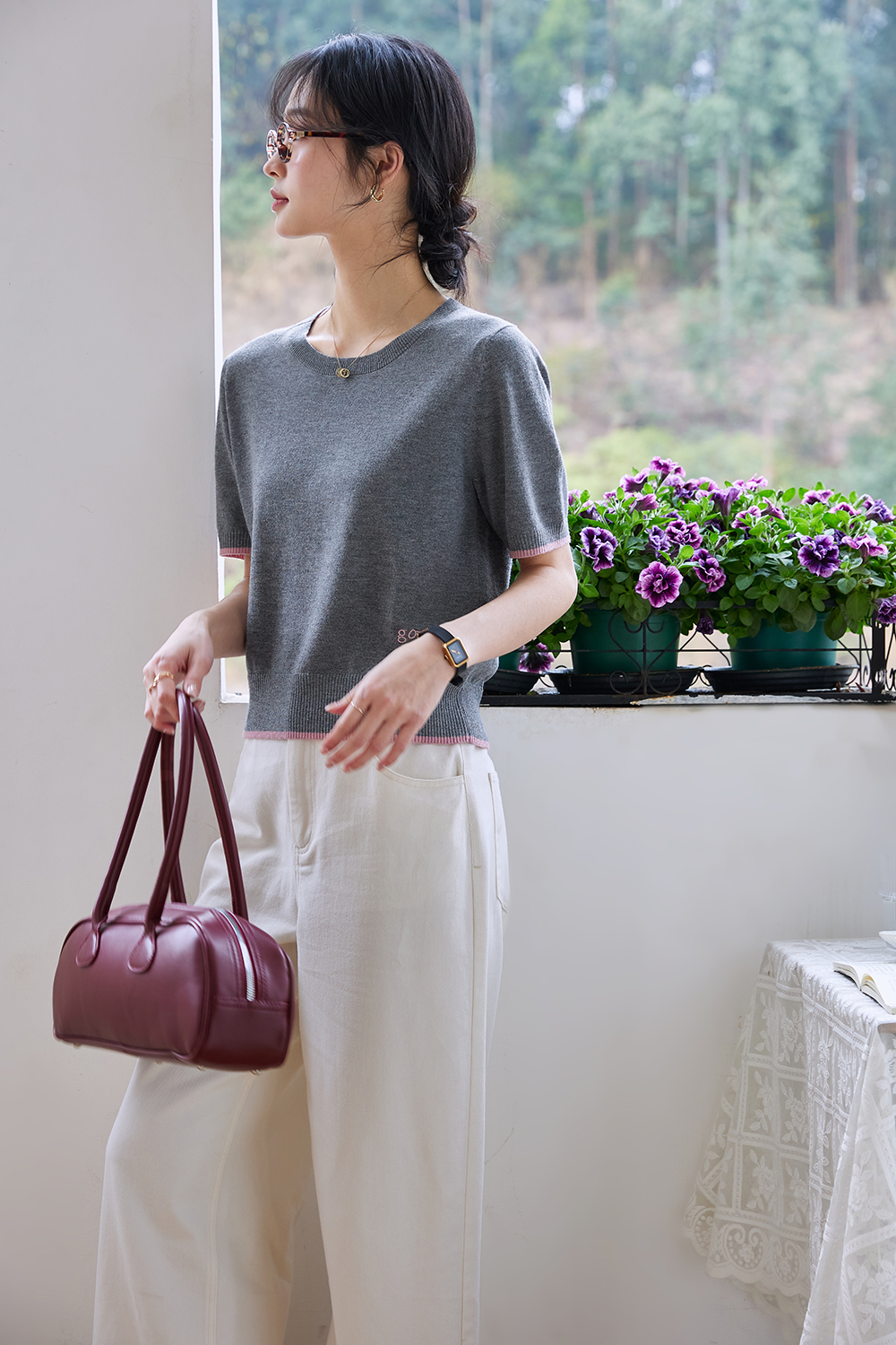 Cropped Knit Tee �C Effortlessly Slimming-VIMLYSTORE