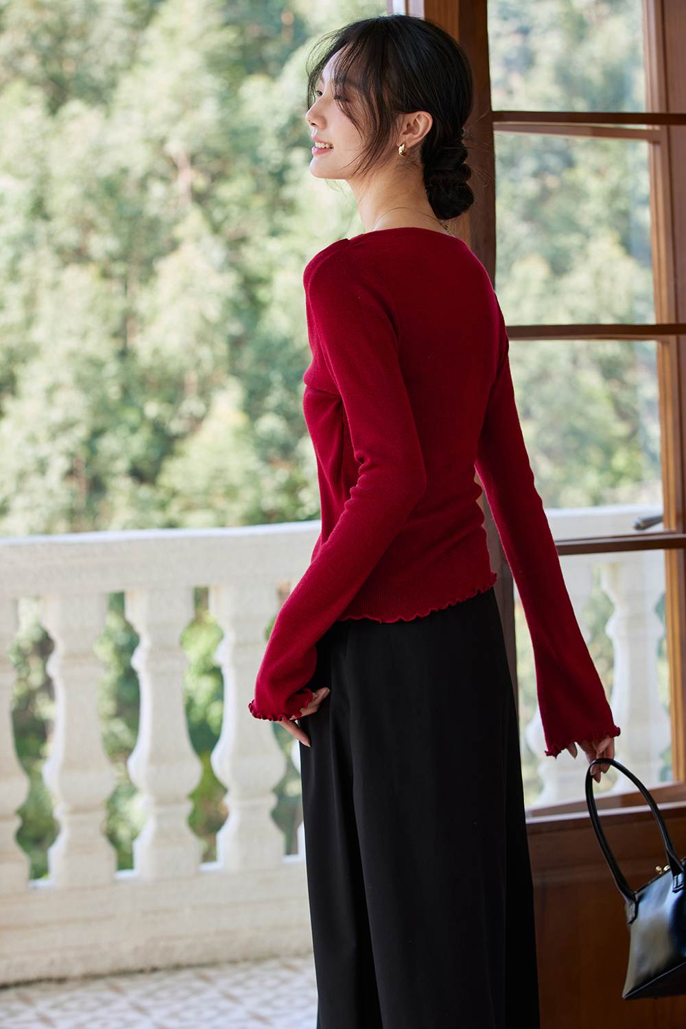 Boat-Neck Wool Knit Sweater with Statement Sleeves-VIMLYSTORE
