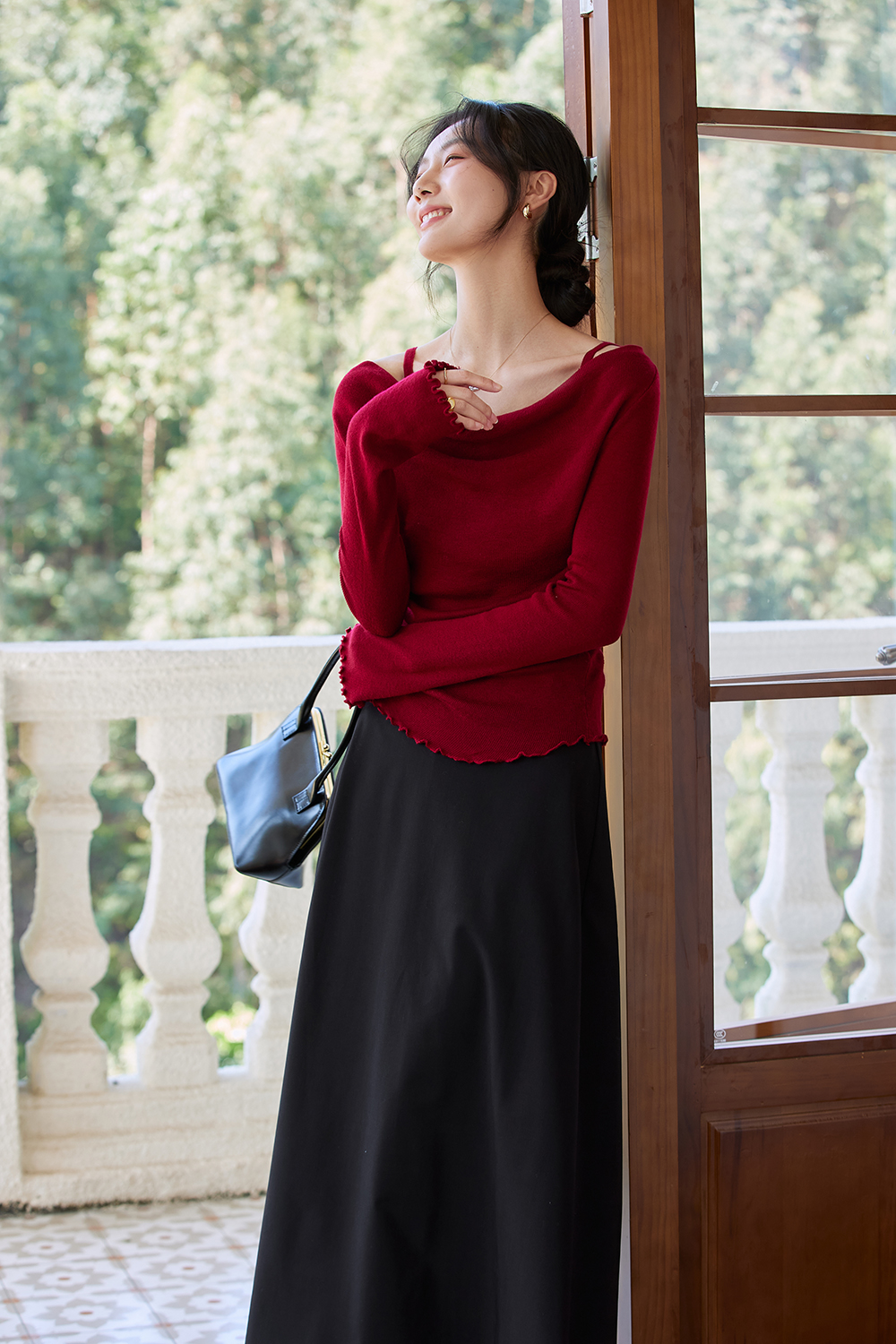 Boat-Neck Wool Knit Sweater with Statement Sleeves-VIMLYSTORE
