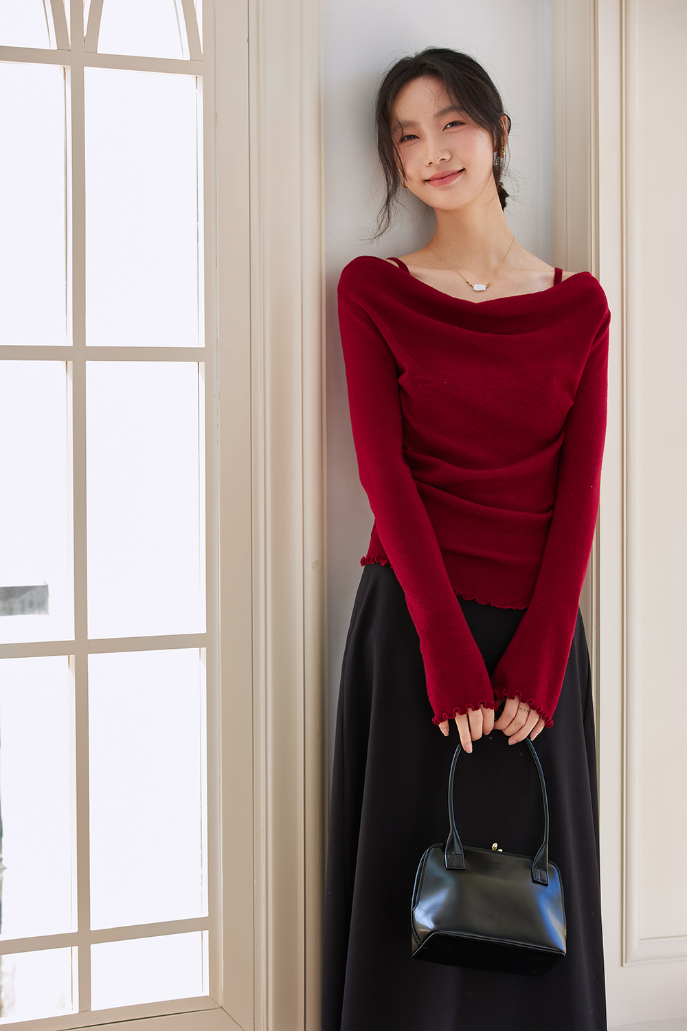 Boat-Neck Wool Knit Sweater with Statement Sleeves-VIMLYSTORE