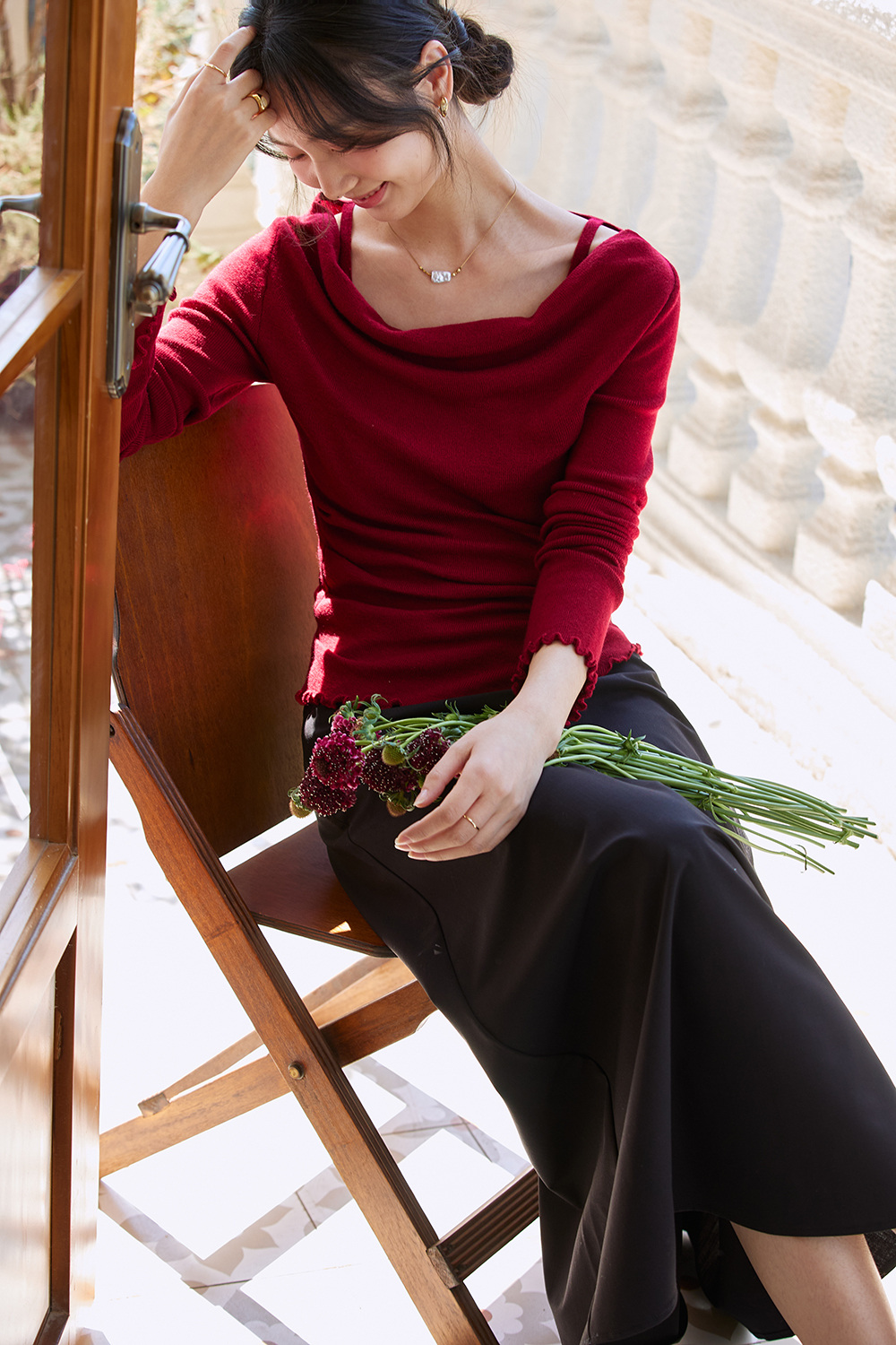 Boat-Neck Wool Knit Sweater with Statement Sleeves-VIMLYSTORE