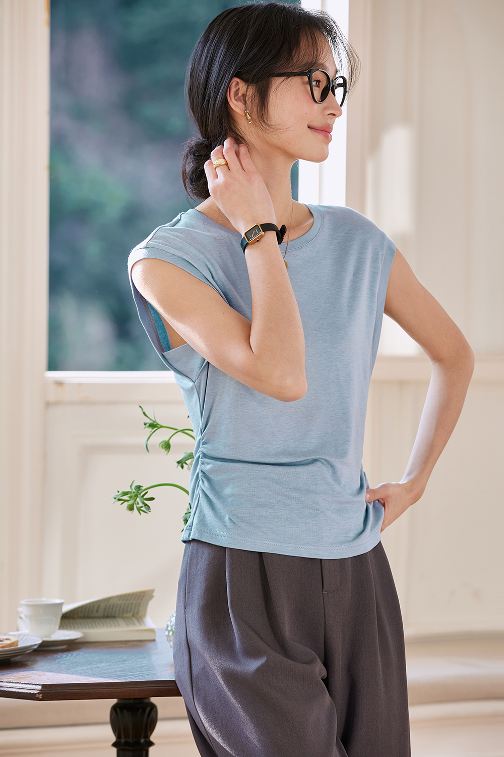 Office-Chic Ruched Waist Top with Round Neck
