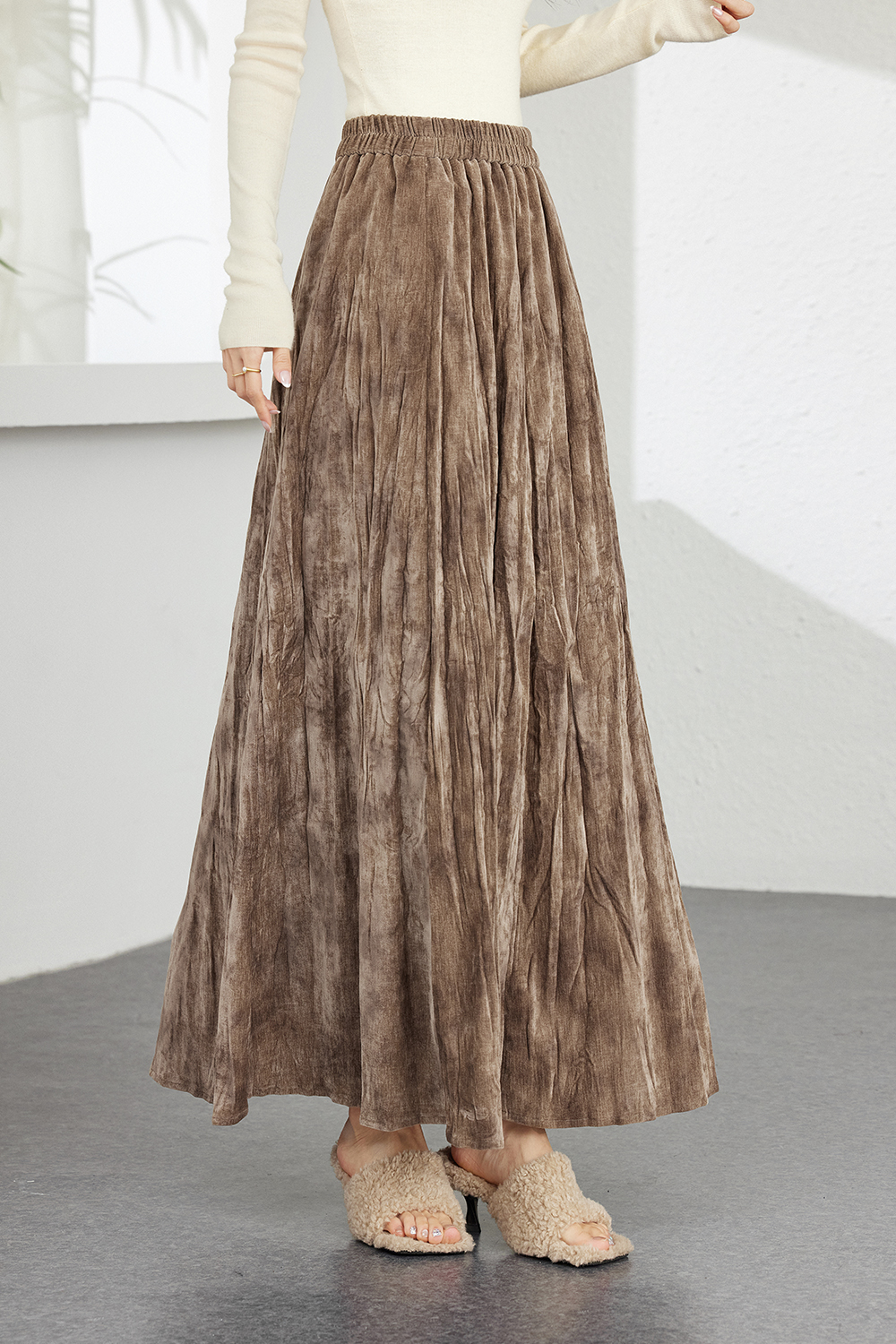 Wrinkled Velvet High-Waisted Midi Skirt-VIMLYSTORE