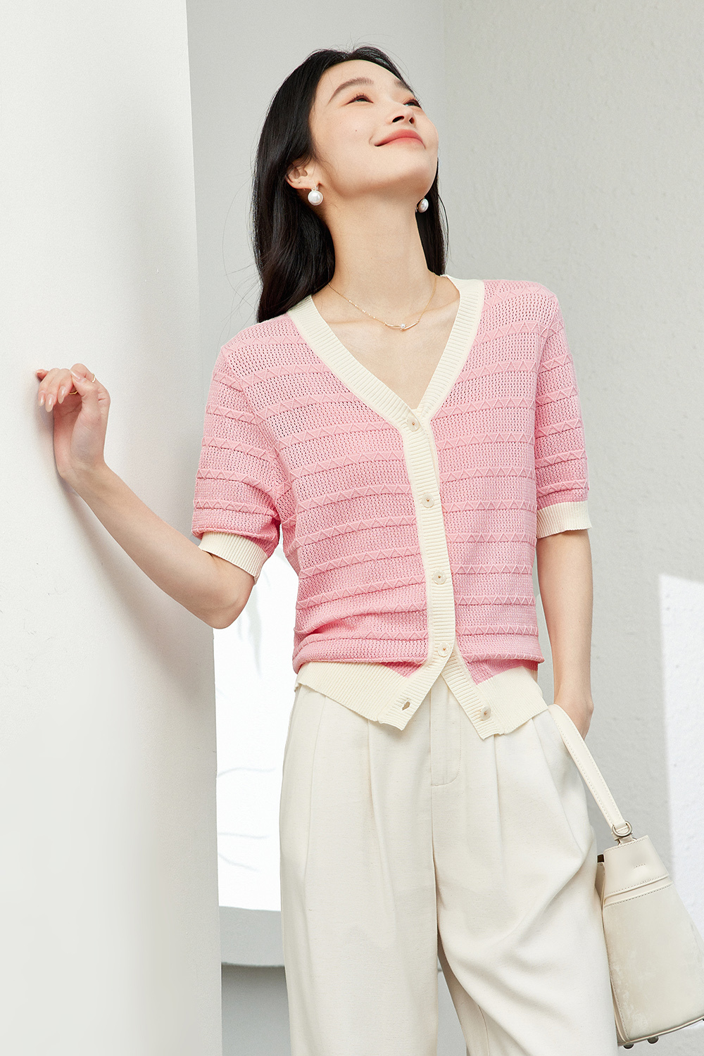 Color-Block French Textured Knit Cardigan