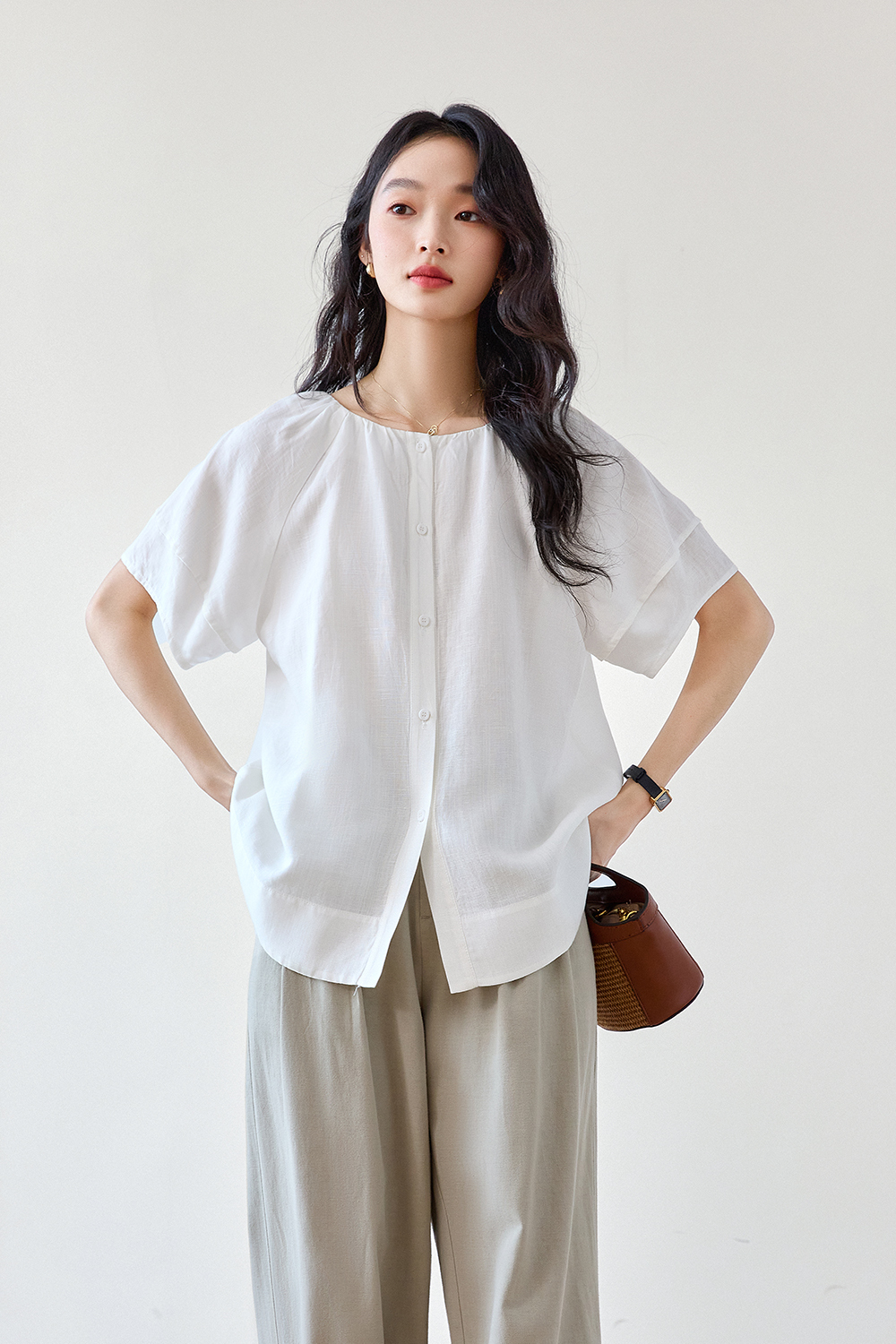 Minimalist Commute Textured Shirt with Round Neck