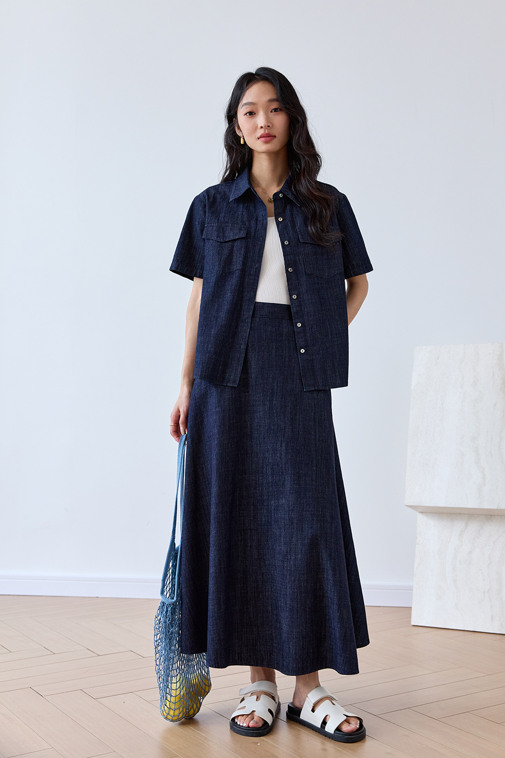 Office-Chic Denim Shacket & A-Line Skirt Set-VIMLYSTORE