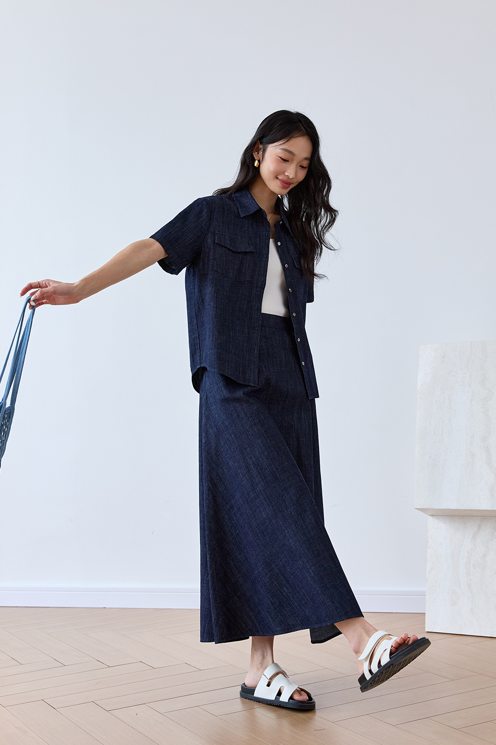 Office-Chic Denim Shacket & A-Line Skirt Set-VIMLYSTORE