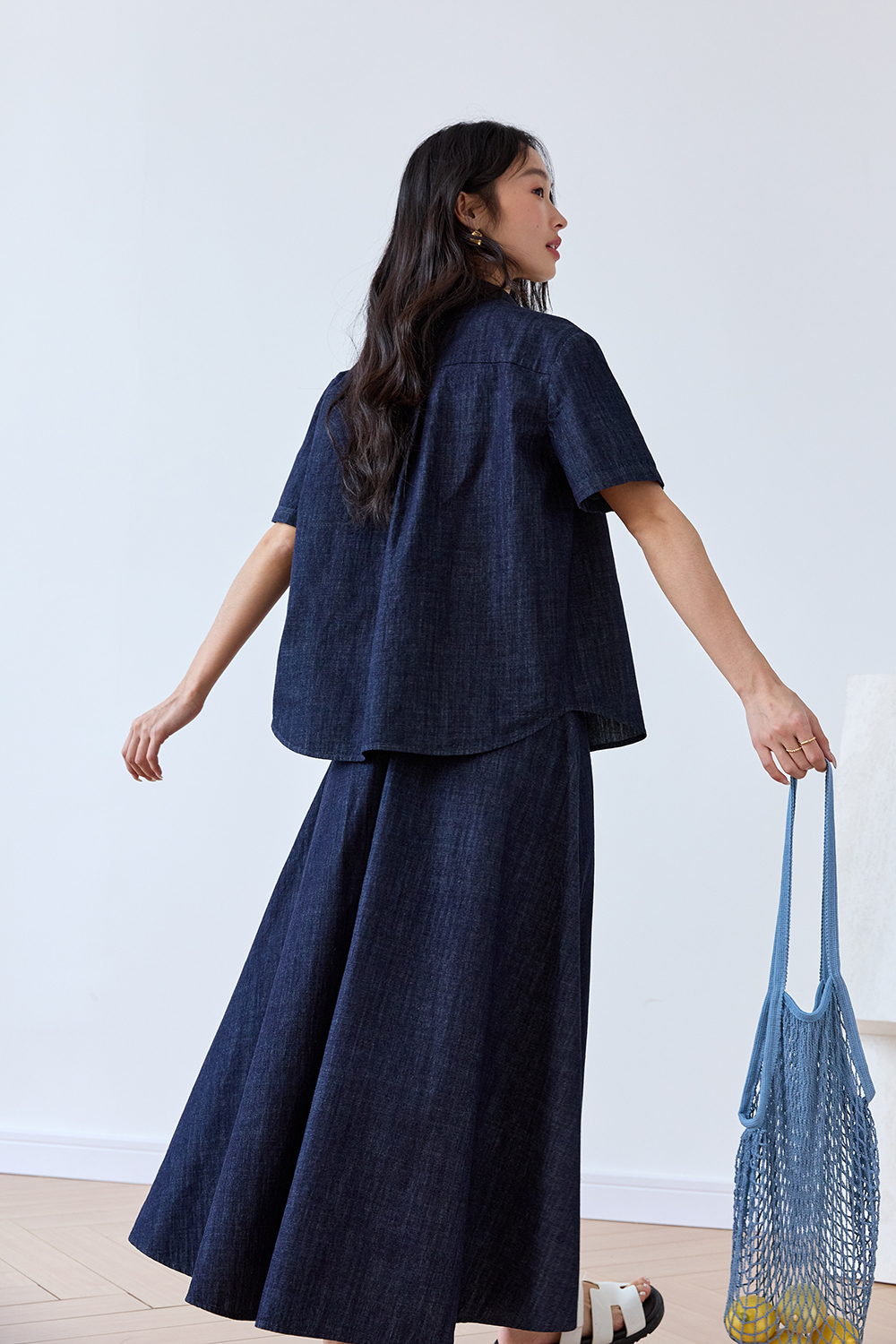 Office-Chic Denim Shacket & A-Line Skirt Set-VIMLYSTORE