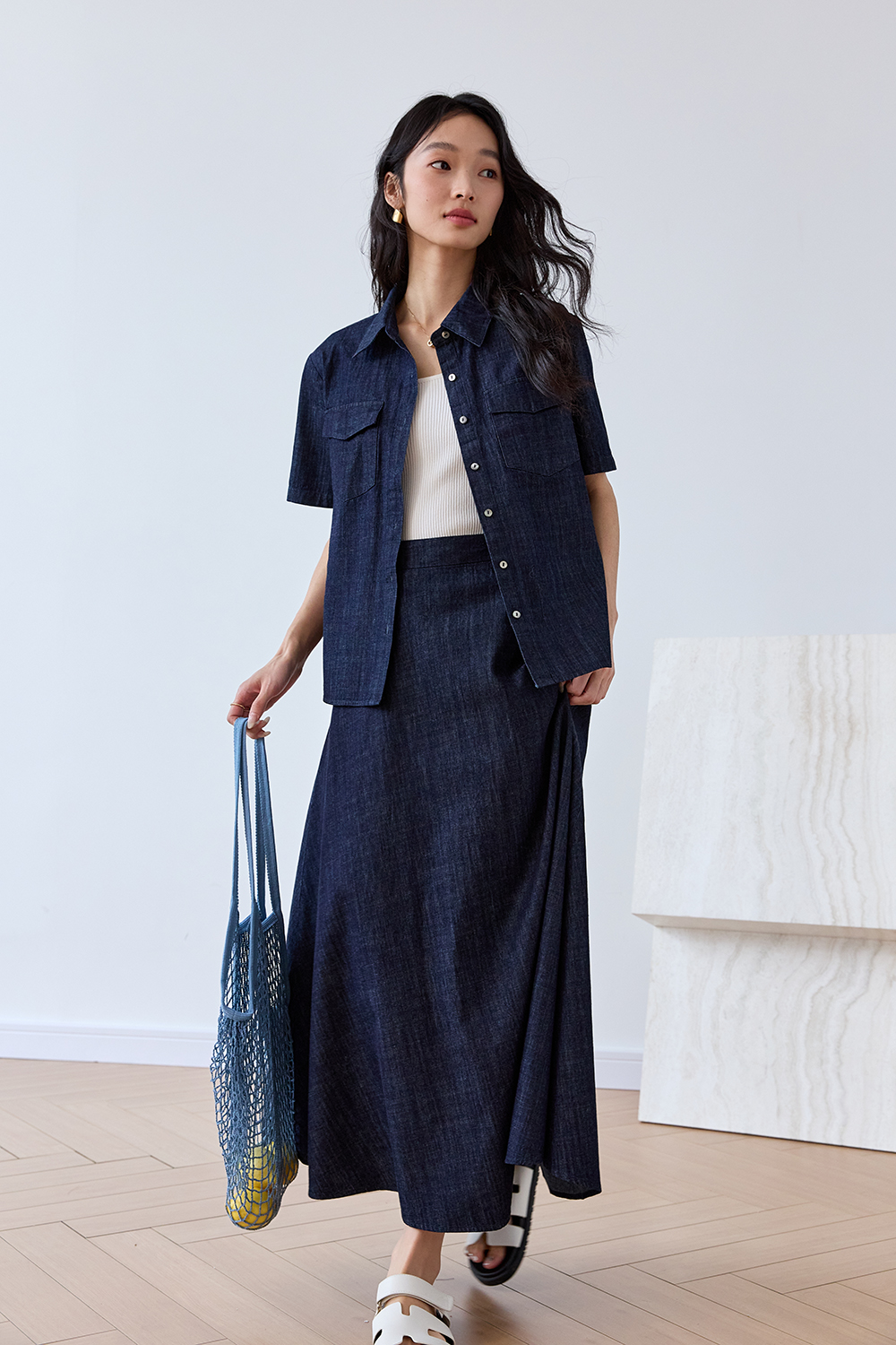 Office-Chic Denim Shacket & A-Line Skirt Set-VIMLYSTORE