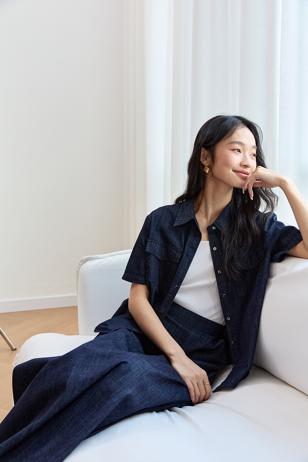 Office-Chic Denim Shacket & A-Line Skirt Set-VIMLYSTORE