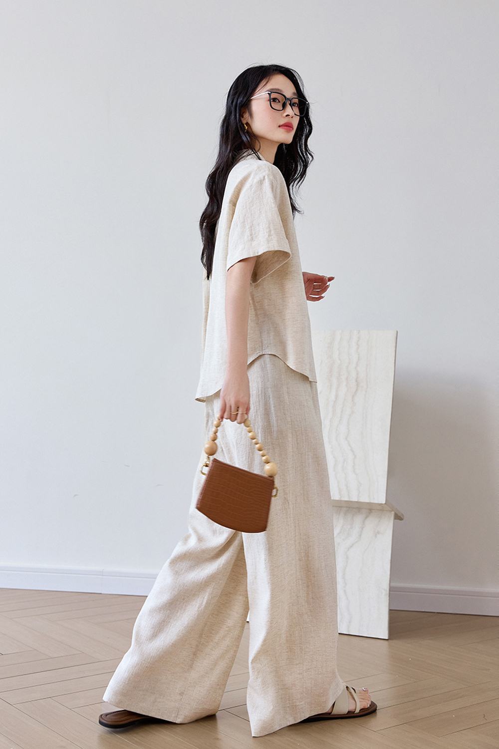 Trendy Relaxed Short-Sleeve Top with High-Waist Wide-Leg Pants Set