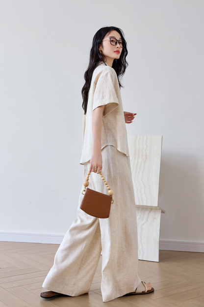 Trendy Relaxed Short-Sleeve Top with High-Waist Wide-Leg Pants Set