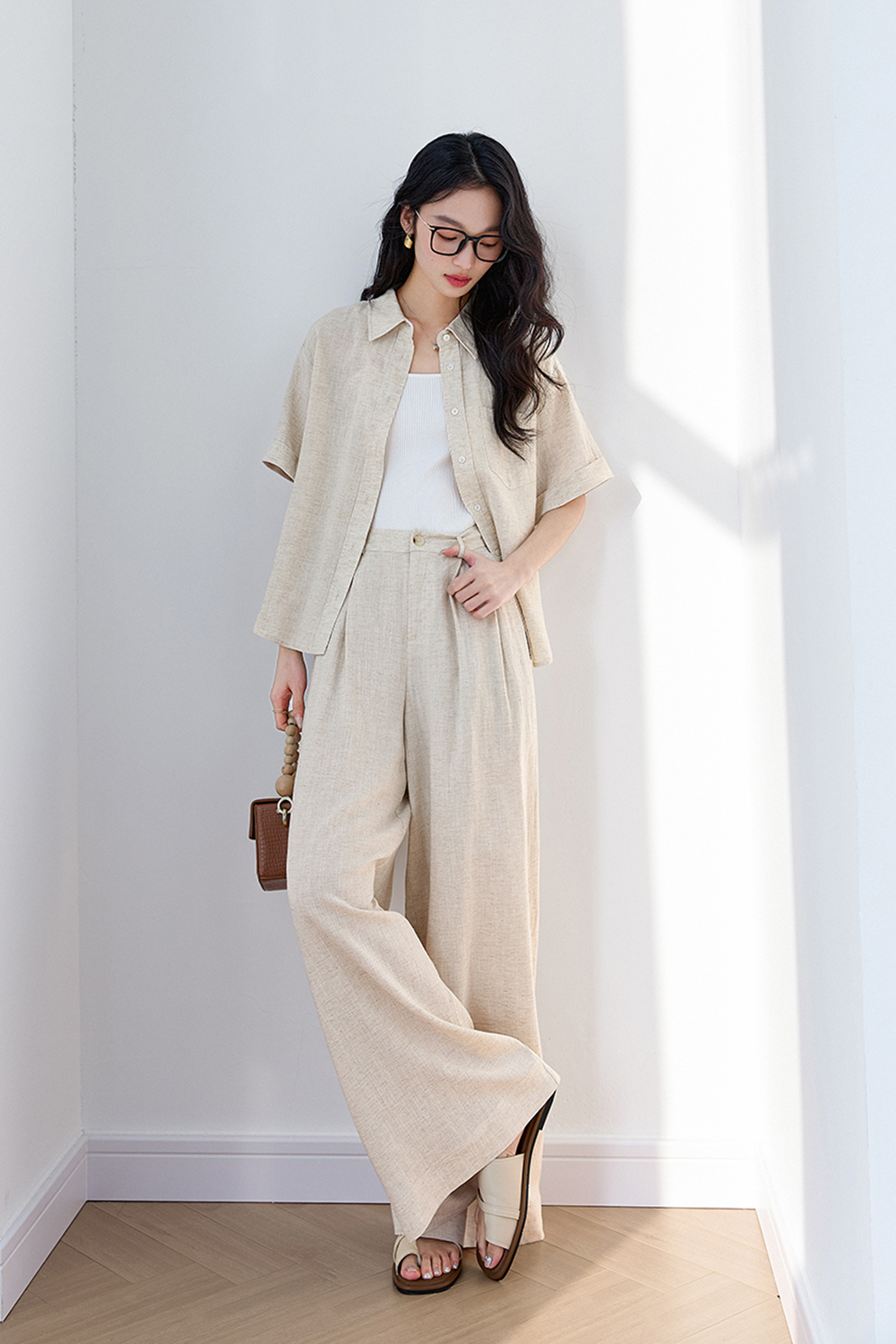 Trendy Relaxed Short-Sleeve Top with High-Waist Wide-Leg Pants Set