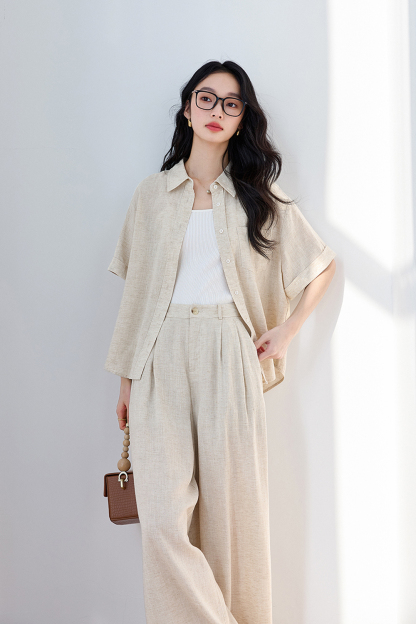 Trendy Relaxed Short-Sleeve Top with High-Waist Wide-Leg Pants Set
