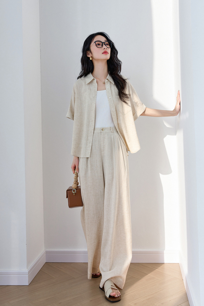 Trendy Relaxed Short-Sleeve Top with High-Waist Wide-Leg Pants Set