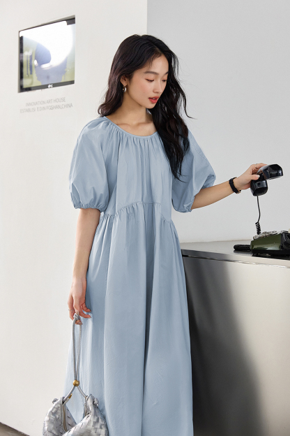 Minimalist Cotton Puff-Sleeve Relaxed Dress-VIMLYSTORE