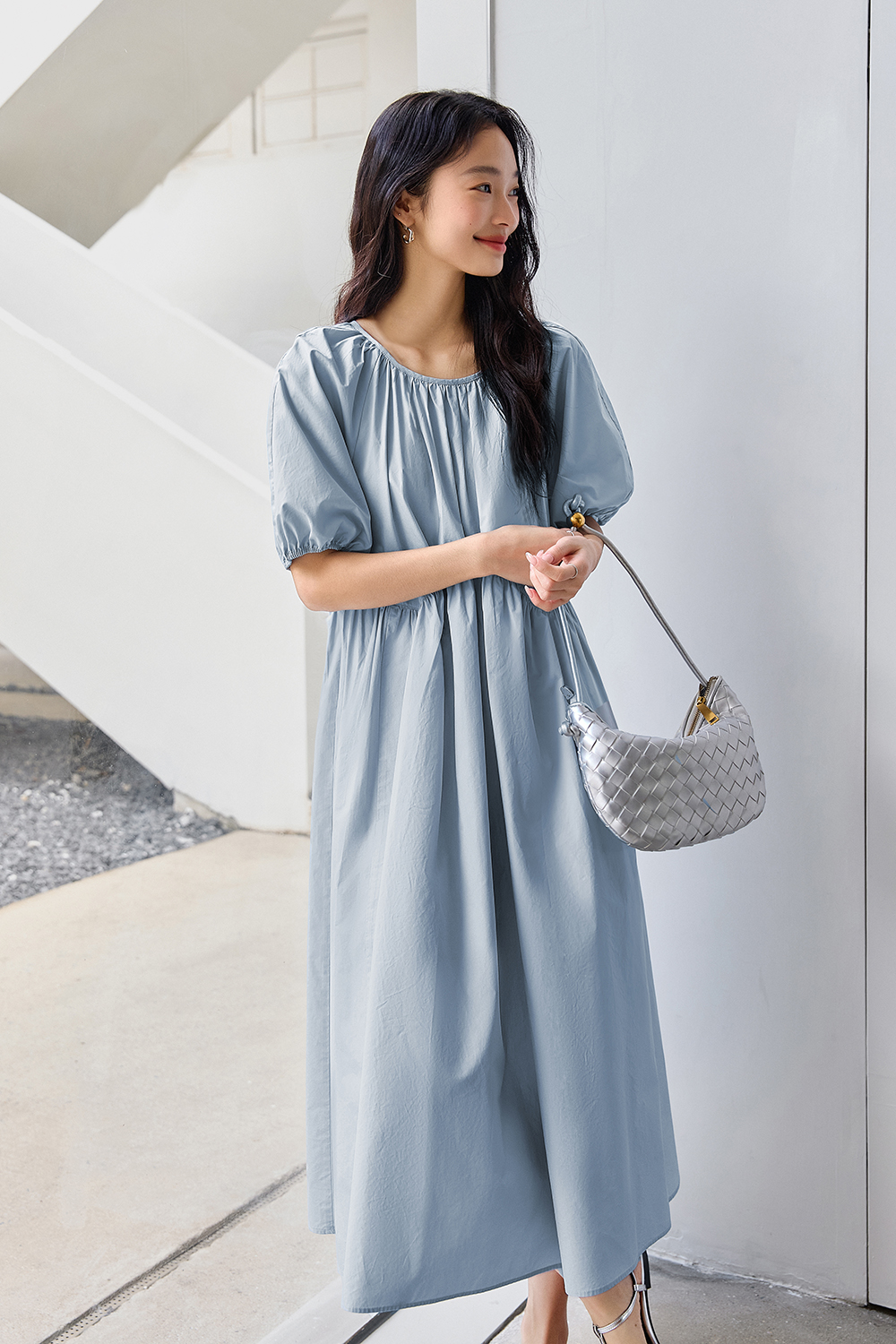 Minimalist Cotton Puff-Sleeve Relaxed Dress-VIMLYSTORE