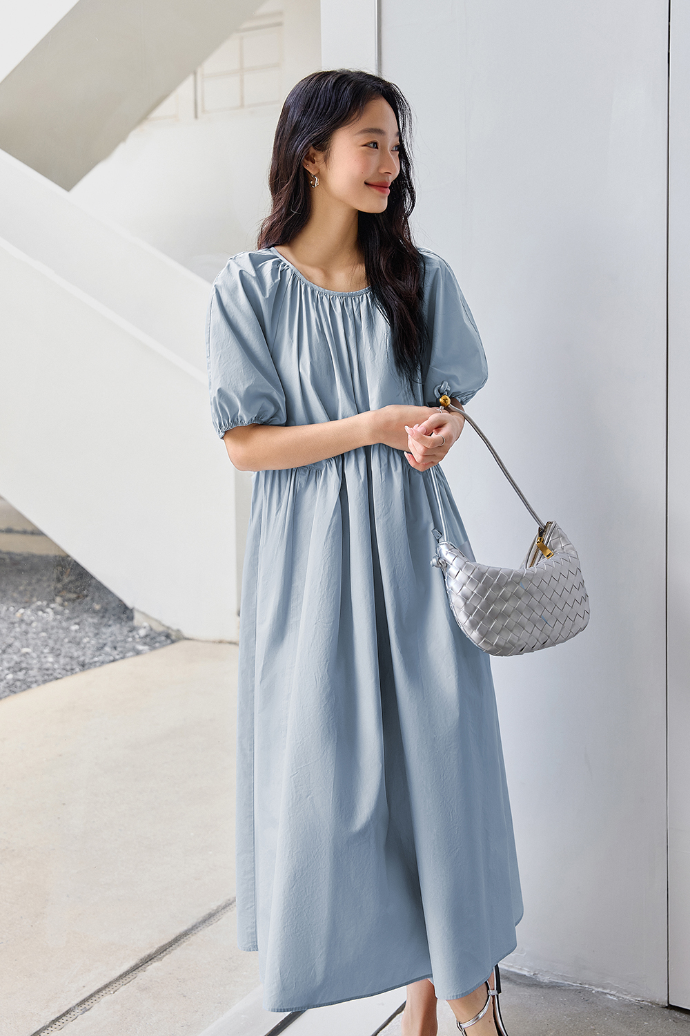 Minimalist Cotton Puff-Sleeve Relaxed Dress-VIMLYSTORE