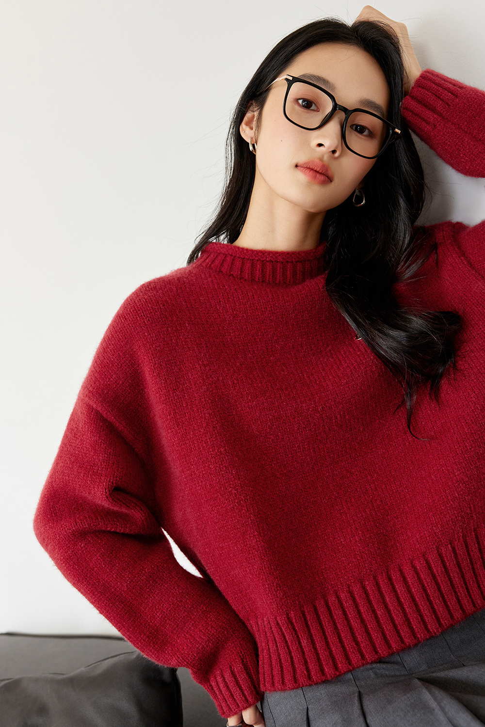 Rolled Hem Semi-High Neck Knitted Sweater-VIMLYSTORE