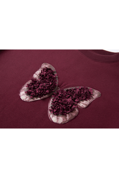Butterfly Embroidered Fleece-Lined Sweatshirt-VIMLYSTORE