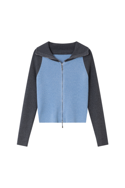 Contrast-color Zippered Knitted Cardigan