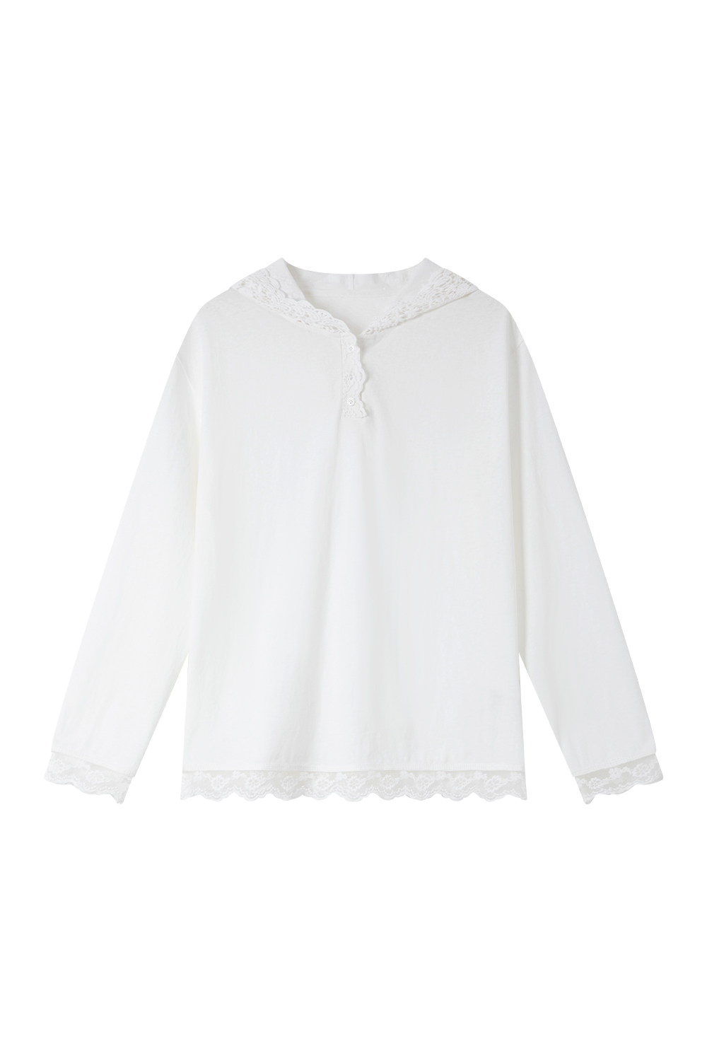 Lace-Decorated Hooded T-Shirt