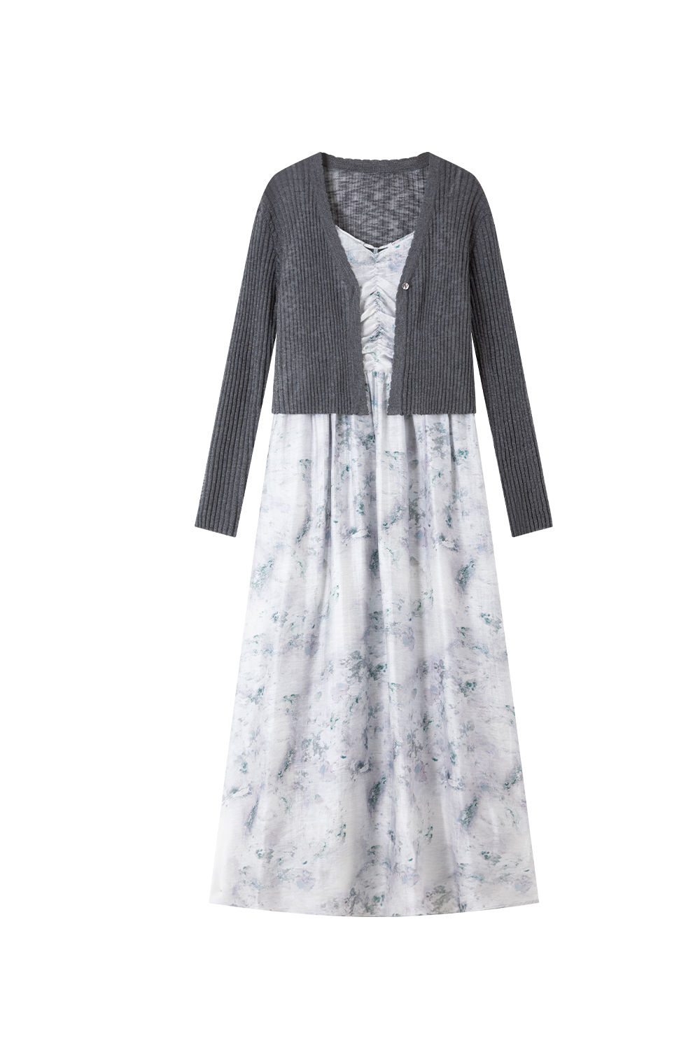 Knitted Cardigan And Floral Long Skirt Combination