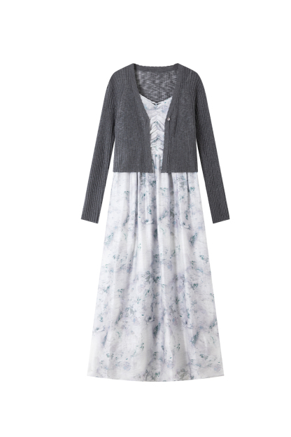 Knitted Cardigan And Floral Long Skirt Combination