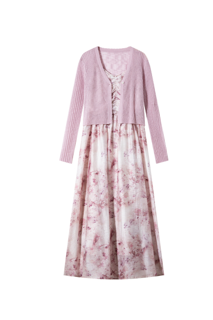 Knitted Cardigan And Floral Long Skirt Combination