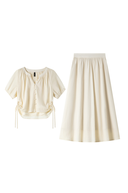 Gentle Beige Two-Piece Skirt Suit