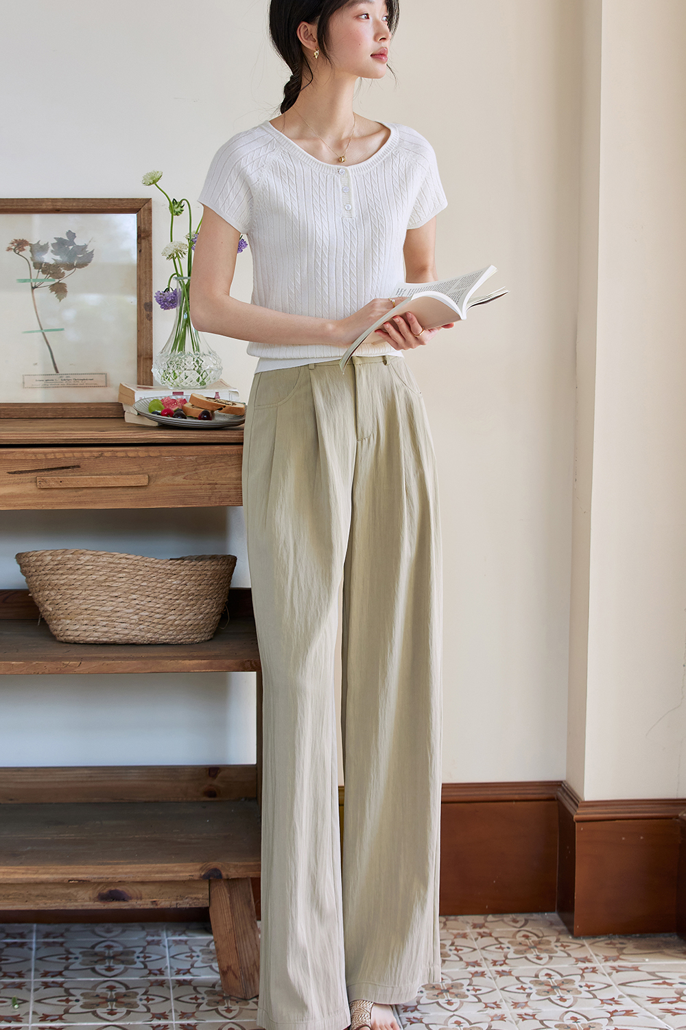 Woven Mid-Waist Casual Wide-Leg Pants