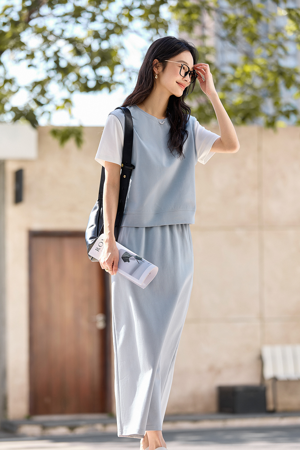 Casual-Chic Fake Two-Piece Top with High-Waist Skirt Set